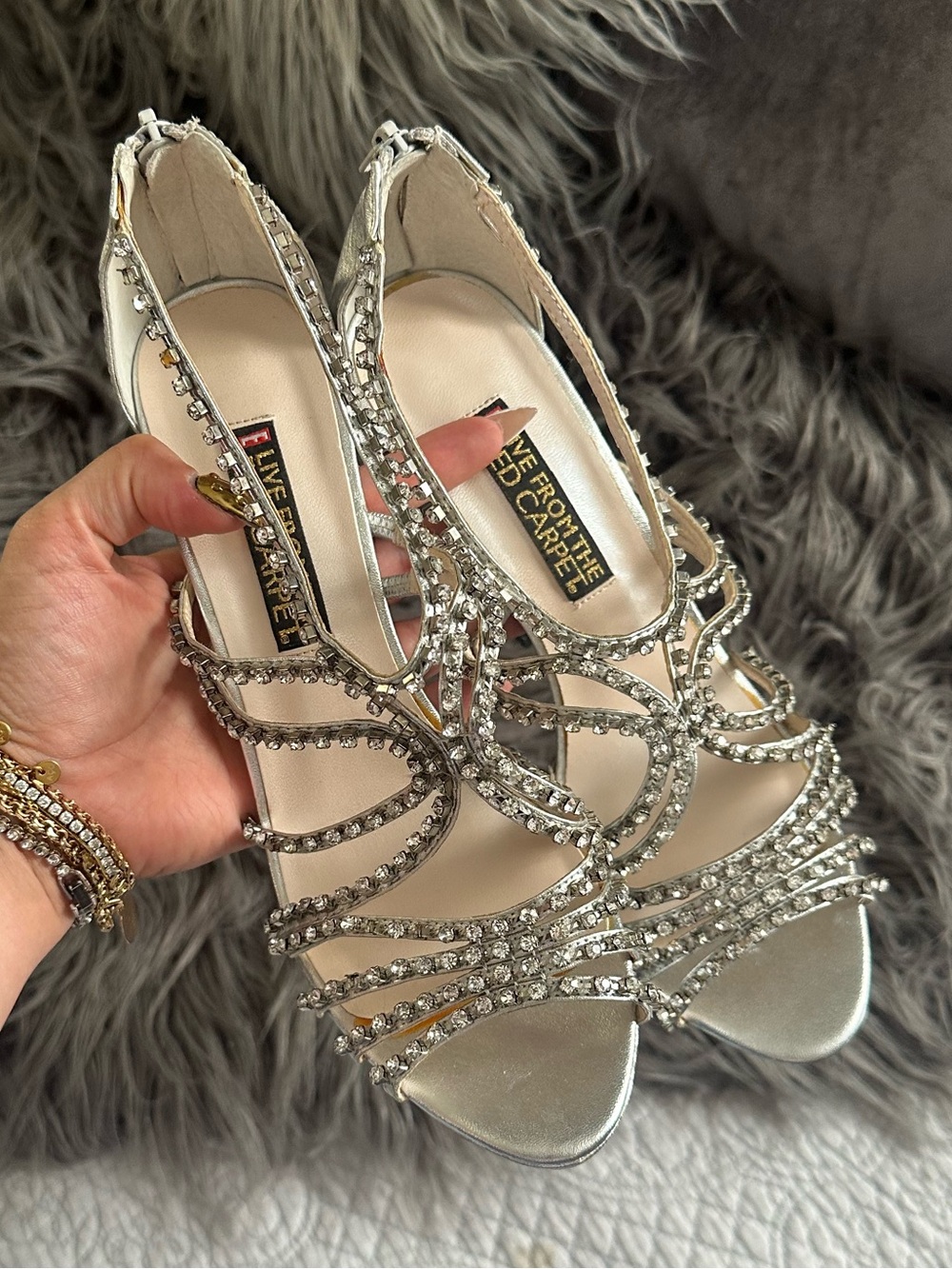 E! Live From Red Carpet Silver Crystal Open-Toe Sandal Heels size 38